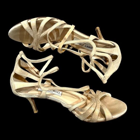 JIMMY CHOO Gold Strappy High Heel Sandals Open Toe Shoes Size 37.5 (6.5 US) - Picture 1 of 7
